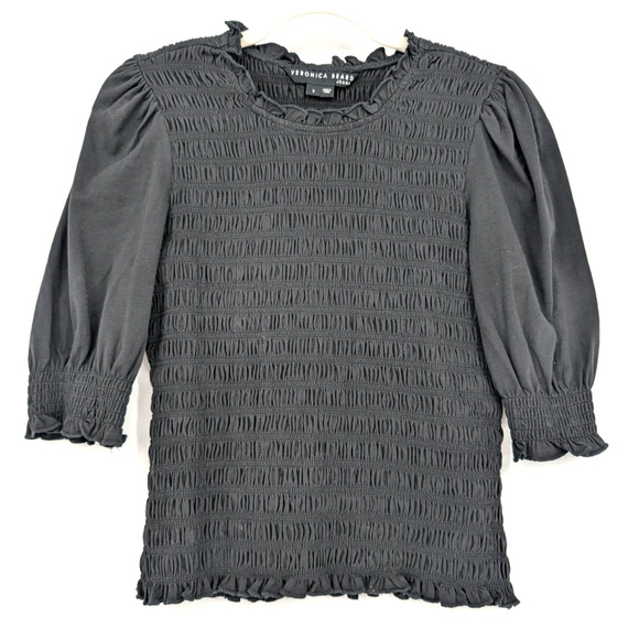 Veronica Beard Langston Smocked Puff Sleeve Ruffle Top Small Black Coquette Prep - Picture 3 of 12